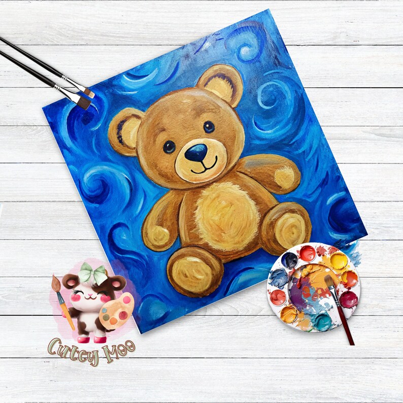 Digital Paint Party Toolkit featuring a teddy bear design. Includes a pre-drawn canvas tracer and instructions for an easy and fun paint and sip event. Perfect for adult craft parties and art enthusiasts.