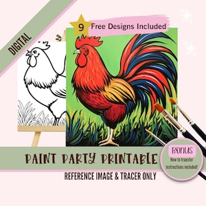 Tela di gallo pre-disegnata - Kit sorseggia e dipingi, Festa di pittura con animali da fattoria, Arte stampabile fai da te per adulti, Attività artigianale divertente, Download digitale