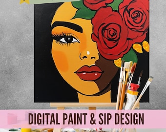 Nip en verf downloadbare stencilkunst, DIY acrylschilderij Party Image Transfers, Paint Night Canvas digitale download, bloemenmeisje