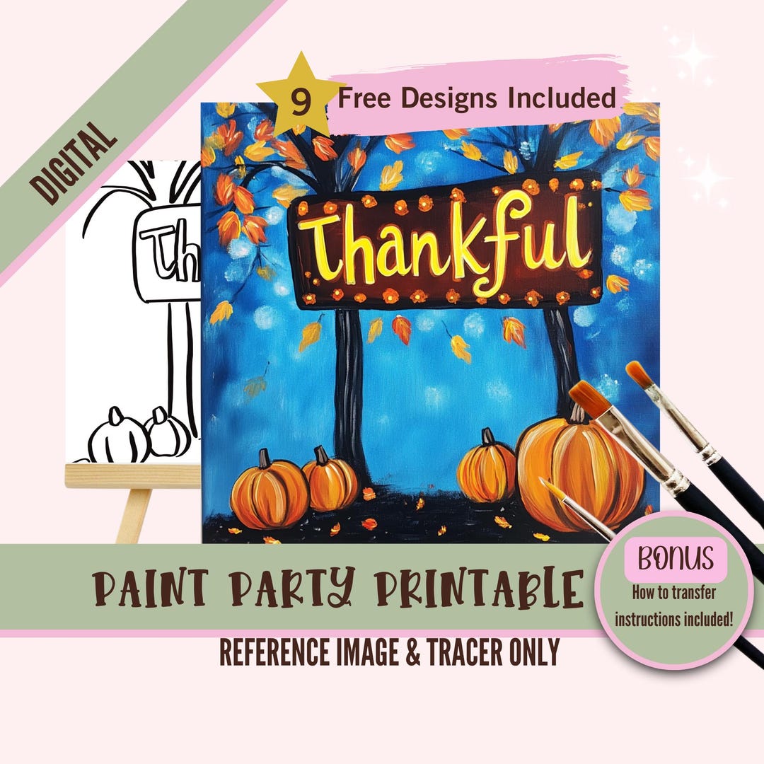 Sip and Paint Party Kit Canvas, Pre Drawn Thankful Pumpkin Template for ...