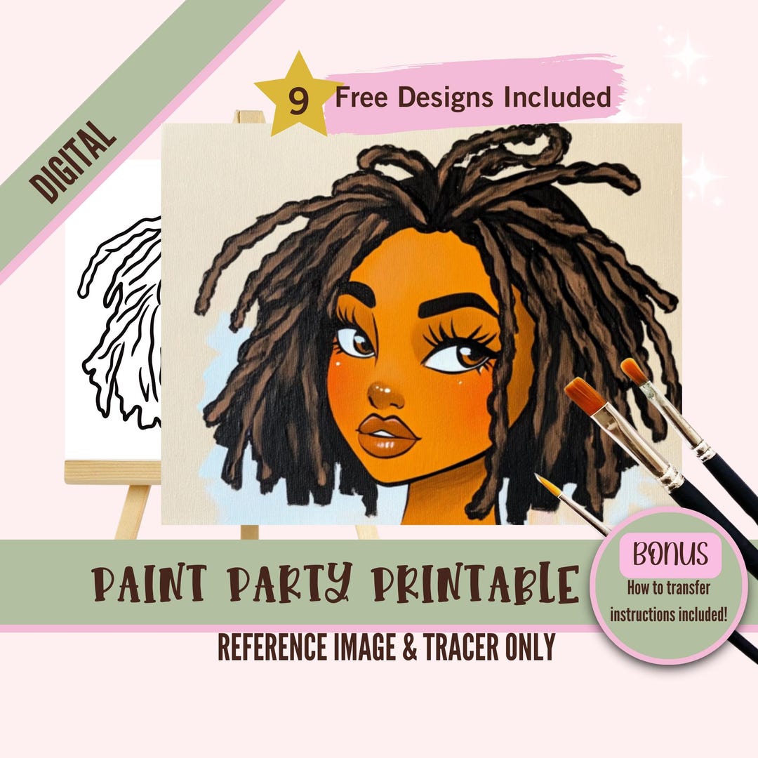 Black Girl Art Sip and Paint Party Kit Canvas, Locs Pre Drawn Template ...