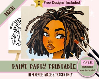 Black Girl Art Sip and Paint Party Kit Canvas, Locs Pre drawn Template for DIY Art Parties, Printable Stencil, Paint Night Png Outline
