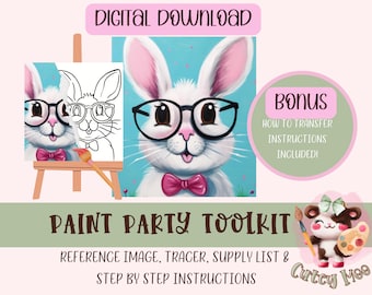 May include: Digital download paint party toolkit featuring a cute bunny wearing glasses and a bow tie. Includes a reference image, tracer, supply list, and step-by-step instructions.