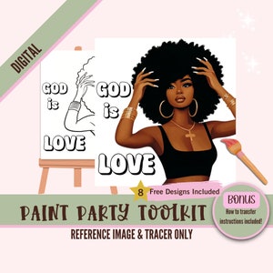 God is Love Afro Woman Kit de pintura para adultos, adolescentes - Fiesta de pintura imprimible, lienzo predibujado para beber y pintar, kit de arte DIY, digital