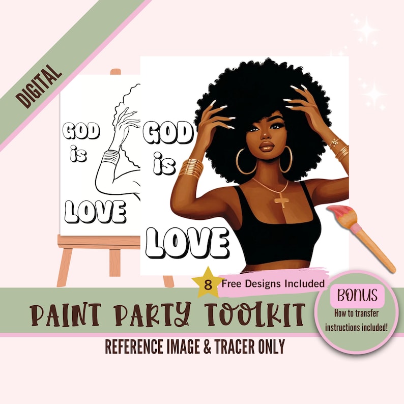 This digital painting kit features a 'God is Love' Afro woman theme with a pre-drawn canvas, perfect for sip and paint parties. Suitable for adults and teens, the DIY art kit includes detailed transfer instructions.