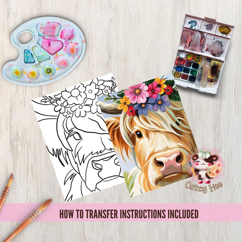 May include: A black and white line art drawing of a Highland cow with a floral crown, next to a coloured image of the same cow with a floral crown. The coloured image has a light brown cow with a pink nose and a floral crown with pink, yellow, blue, and purple flowers. The text "Crafty Moo" is in the bottom right corner of the image. The text "HOW TO TRANSFER INSTRUCTIONS INCLUDED" is at the bottom of the image.