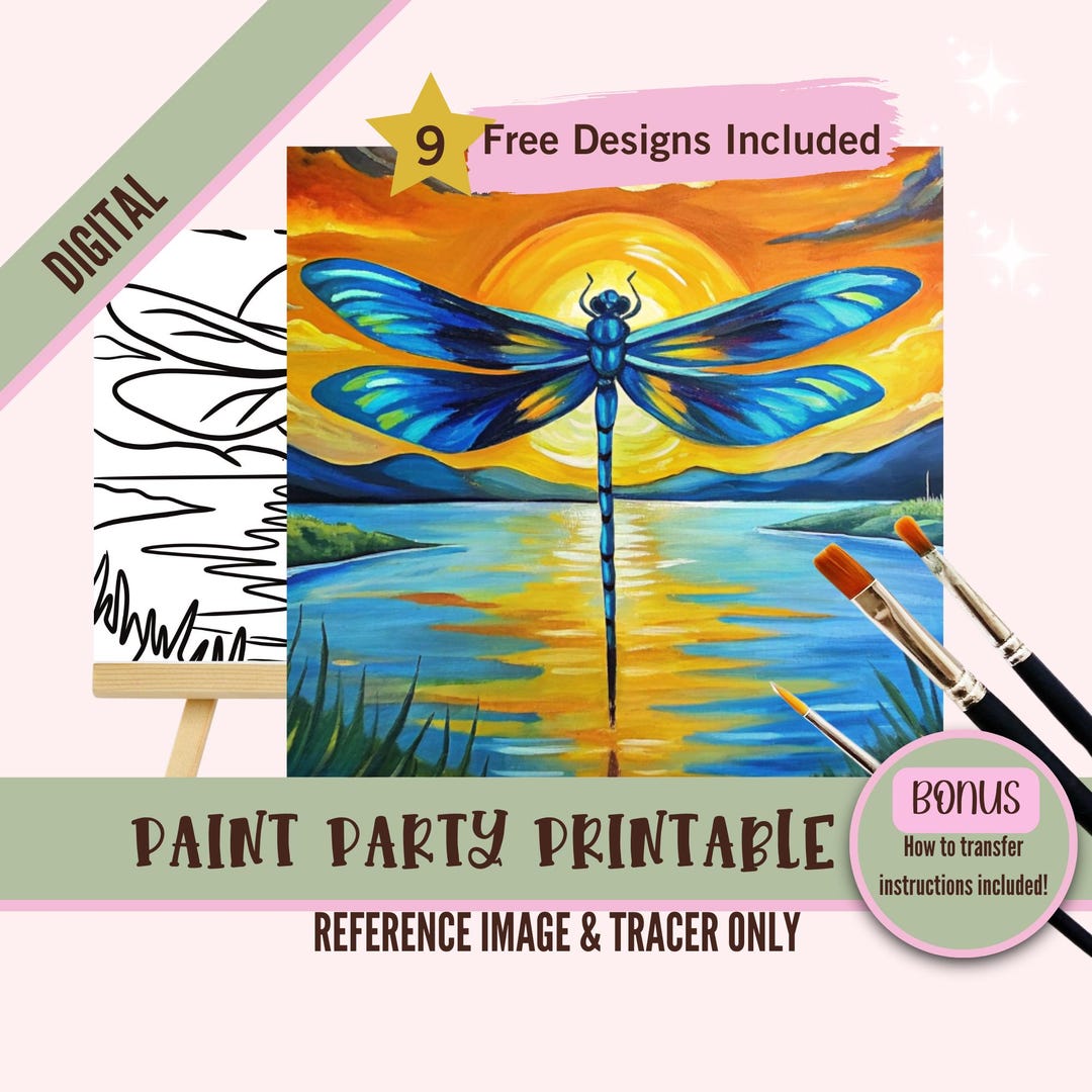 Dragonfly Sip and Paint Party Kit Canvas, Lake Landscape Pre Drawn ...