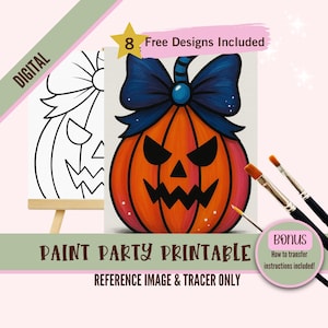 Cute Halloween Pumpkin Paint Party Printable - Blue Bow Jack-o-Lantern Reference Image & Tracer - Beginner Paint and Sip - Digital Download