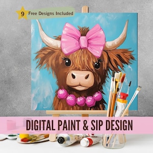 May include: Digital painting design featuring a cute Highland cow with a pink bow and pink beads. The design is on a canvas and is ready to be painted.