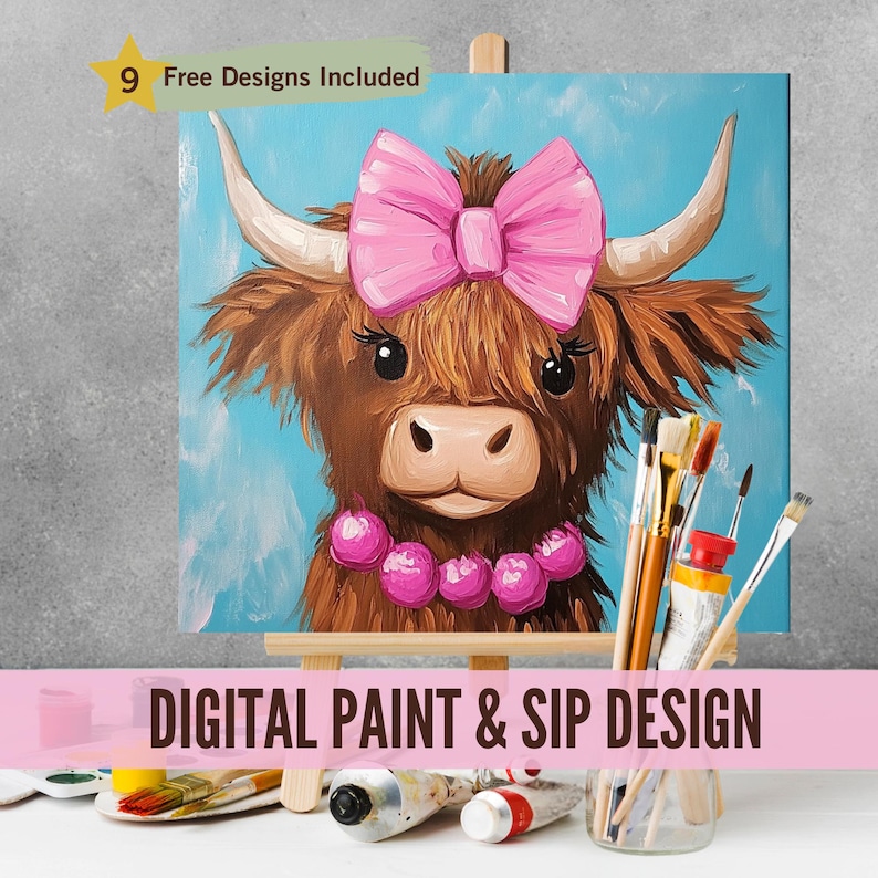 May include: Digital painting design featuring a cute Highland cow with a pink bow and pink beads. The design is on a canvas and is ready to be painted.