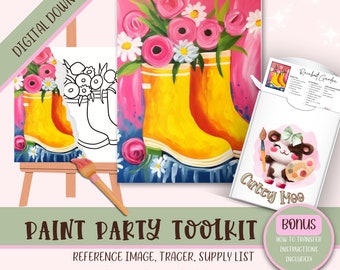 May include: Digital download paint party toolkit featuring a painting of yellow rain boots filled with pink and white flowers. The toolkit includes a reference image, tracer, supply list, and step-by-step instructions.  Bonus: How to transfer instructions included.