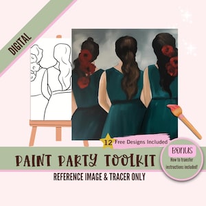 Kit imprimible para fiesta de pintura de dama de honor - Sisters Digital Sip and Paint Set para adultos - DIY Canvas Art Png Set con plantilla predibujada