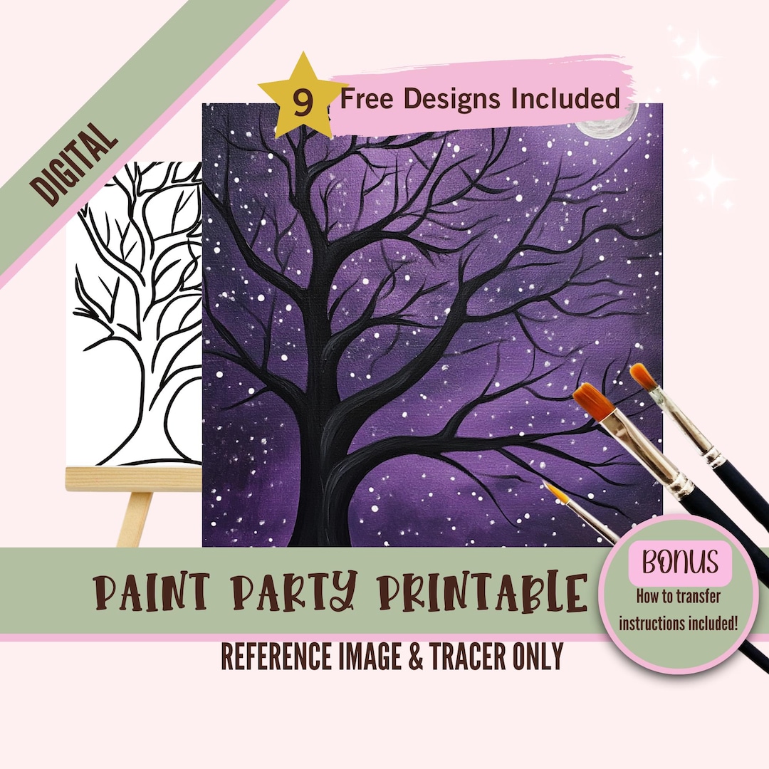 Winter Night Landscape Sip and Paint Party Kit Canvas, Pre Drawn ...