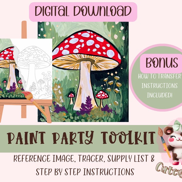 DIY Paint Party Printable | Diy Canvas | Paint Kit | Instant Access | Pre-Drawn Canvas | Paint And Sip | Mushroom Painting Tutorial Stencil