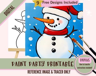 Christmas Snowman Paint Party Printable, Cute Snowman with Santa Hat Tracer Art - Festive Paint and Sip DIY Decor - Holiday Art Kit, Digital