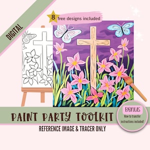 Kit de lienzo para beber y pintar, cruz predibujada con flores y mariposas, perfecto para eventos de fiesta de pintura para adultos religiosos e inspiradores
