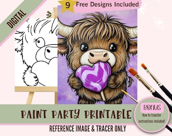 Valentine's Day Paint Party Templates, DIY Canvas Art - Instant Download for Adults and Kids - Chibi Highland Cow Printable Paint and Sip