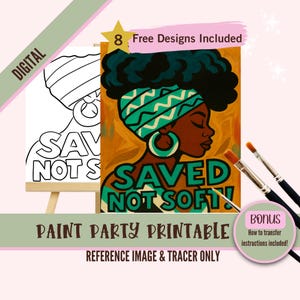 Fiesta de pintura de arte religioso cristiano PNG, kit de plantillas de lienzo predibujadas de chica afro, perfecto para colorear, pintar y disfrutar en fiestas.