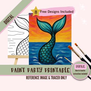 Imprimible para fiesta de pintura de cola de sirena - Atardecer en el océano con escamas - Imagen de referencia y trazador - Pintura y bebida mágicas de playa - Descarga digital