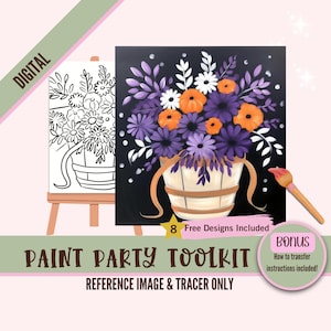 DIY schedel plantenbak schilderij, Halloween canvasafdrukken sjabloon en printables voor verf- en slokfeestjes, png-sublimatie ontwerpoverzicht, bloemen