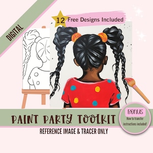 Black Girl With Braids Art Painting Party PNG, DIY Pre-Drawn Canvas Stencil Kit, Perfect for Black Girl Coloring and Paint and Sip Parties