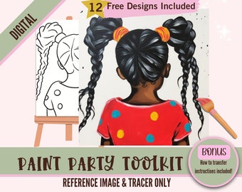 Black Girl With Braids Art Painting Party PNG, DIY Pre-Drawn Canvas Stencil Kit, Perfect for Black Girl Coloring and Paint and Sip Parties