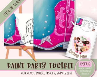 Adult DIY Paint Party Printable, Pre Drawn Outline Canvas, Ladies Night Out Party, Western Cowgirl Birthday Hat & Boots, Paint Party Tracers