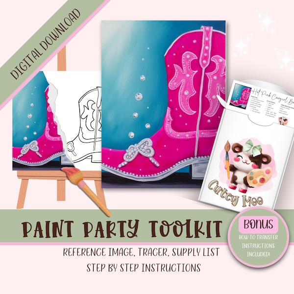 Adult DIY Paint Party Printable, Pre Drawn Outline Canvas, Ladies Night Out Party, Western Cowgirl Birthday Hat & Boots, Paint Party Tracers