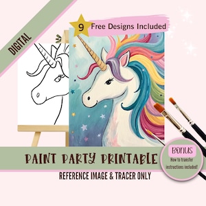 Plantilla para pintar unicornio, unicornio arcoíris para beber y pintar, plantilla de arte para hacer uno mismo, caballo de fantasía trazable, fiesta infantil caprichosa imprimible, digital