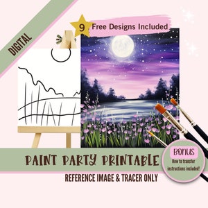 Nip en verf canvaskit - voorgetekende maanverlichte meerscène, landschapsverffeesttoolkit, doe-het-zelf afdrukbare kunst voor kinderen en volwassenen, leuk knutselen