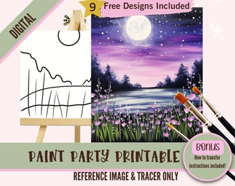 Sip and Paint Canvas Kit - Pre Drawn Moonlit Lake Scene, Landscape Paint Party Toolkit, DIY Printable Art for Kids & Adults, Fun Craft