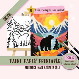 Bear Mountain Sunset Paint Party, lienzo predibujado para adultos, kit de pintura y sorbo, proyecto de arte de descarga digital DIY, perfecto para principiantes