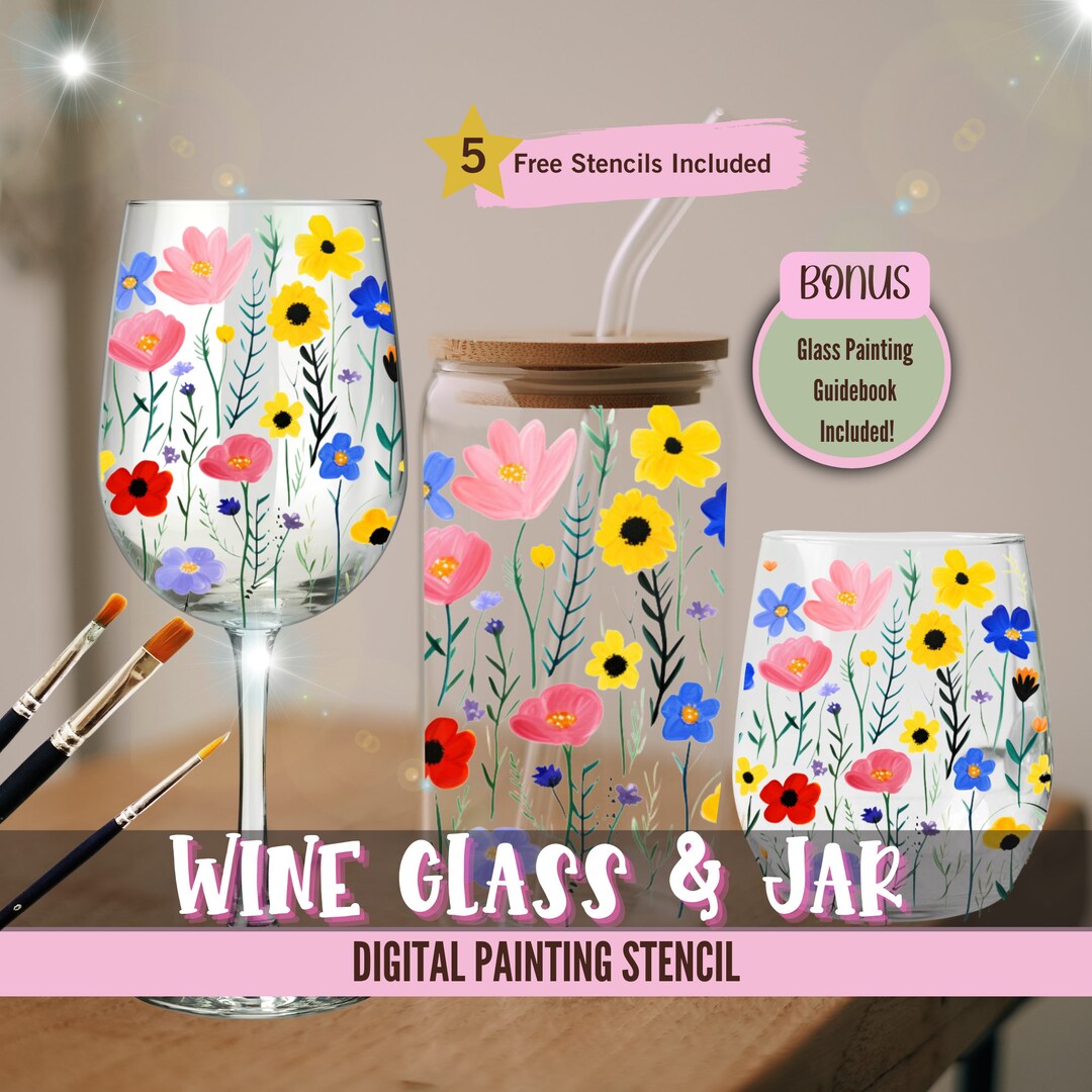 wildflower-wine-glass-jar-paint-party-pre-drawn-stencils-diy-paint-kit-sip-and-paint-date-night-art-floral-digital-download-etsy