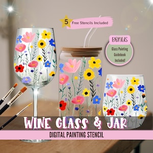 Wildflower wijnglas en pot Paint Party, voorgetekende stencils, DIY verfset, nippen en schilderen, date night art, bloemen digitale download