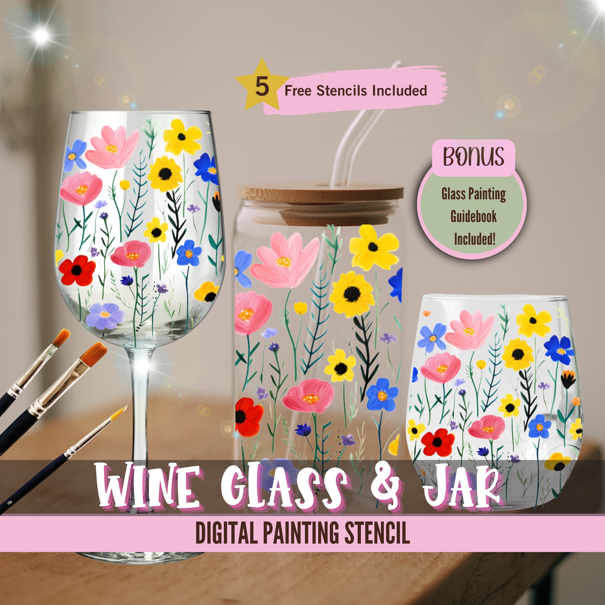 Wildflower Wine Glass & Jar Paint Party, Pre Drawn Stencils, DIY Paint Kit, Sip and Paint, Date Night Art, Floral Digital Download - Etsy
