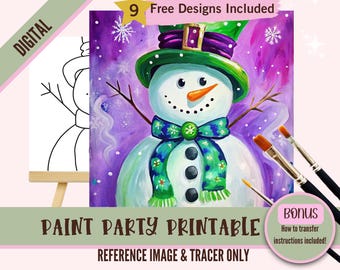 May include: Digital paint party printable featuring a snowman with a green hat, purple scarf, and a purple background. Includes 9 free designs and instructions on how to transfer the image.