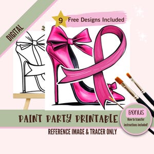 Fiesta de sorbo y pintura de sobreviviente de cáncer de mama, plantilla predibujada de guerrero del cáncer para fiestas de arte diy, plantilla imprimible, contorno de la noche de pintura