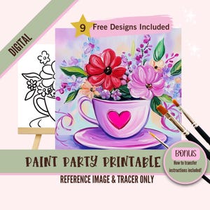 Kit de pintura y sorbos para amantes del café, plantilla prediseñada para fiestas de arte DIY, plantilla imprimible, contorno PNG de noche de pintura