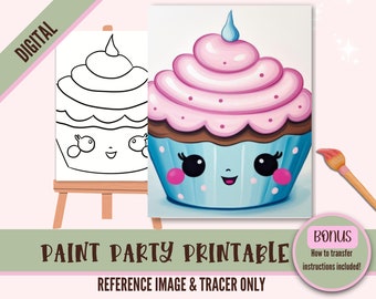 Kawaii Cupcake DIY Sip N Paint Canvas Print Instant Digital Download for Art Parties, Png Party Stencil, Date Night Sip and Paint Printable