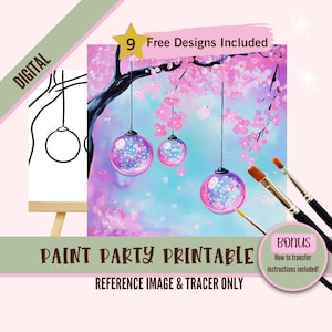 Kit de fiesta de pintura y sorbos, plantilla de árbol de flores de cerezo prediseñada para fiestas de arte de bricolaje, plantilla imprimible, contorno PNG de noche de pintura