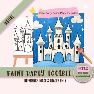 Sprookje prinses kasteel schilderij feest afdrukbaar, doe-het-zelf kunst, vooraf getekende canvas stencil, perfect voor meisje verjaardag verf en slokjesfeestjes