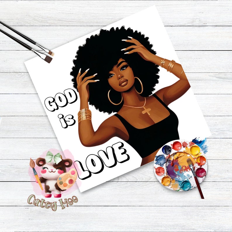 This digital painting kit features a 'God is Love' Afro woman theme with a pre-drawn canvas, perfect for sip and paint parties. Suitable for adults and teens, the DIY art kit includes detailed transfer instructions.