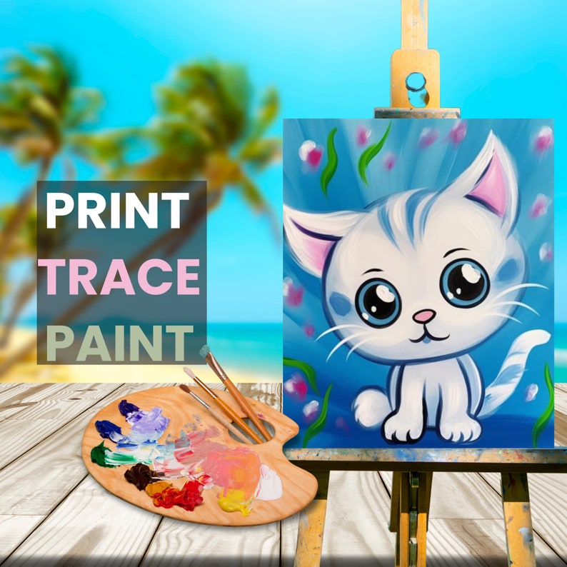 Digital paint party toolkit for adults featuring a cute kitten design. This pre-drawn canvas stencil is perfect for DIY art projects, paint and sip parties, home decor, and gifts. Ideal for crafters, paint party hosts
