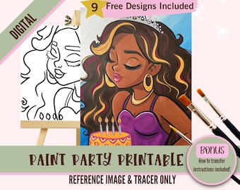 Black Girl Sip and Paint Party Kit Canvas, Verjaardag Voorgetekende sjabloon voor doe-het-zelfkunstfeesten, afdrukbaar stencil, Paint Night png-overzicht
