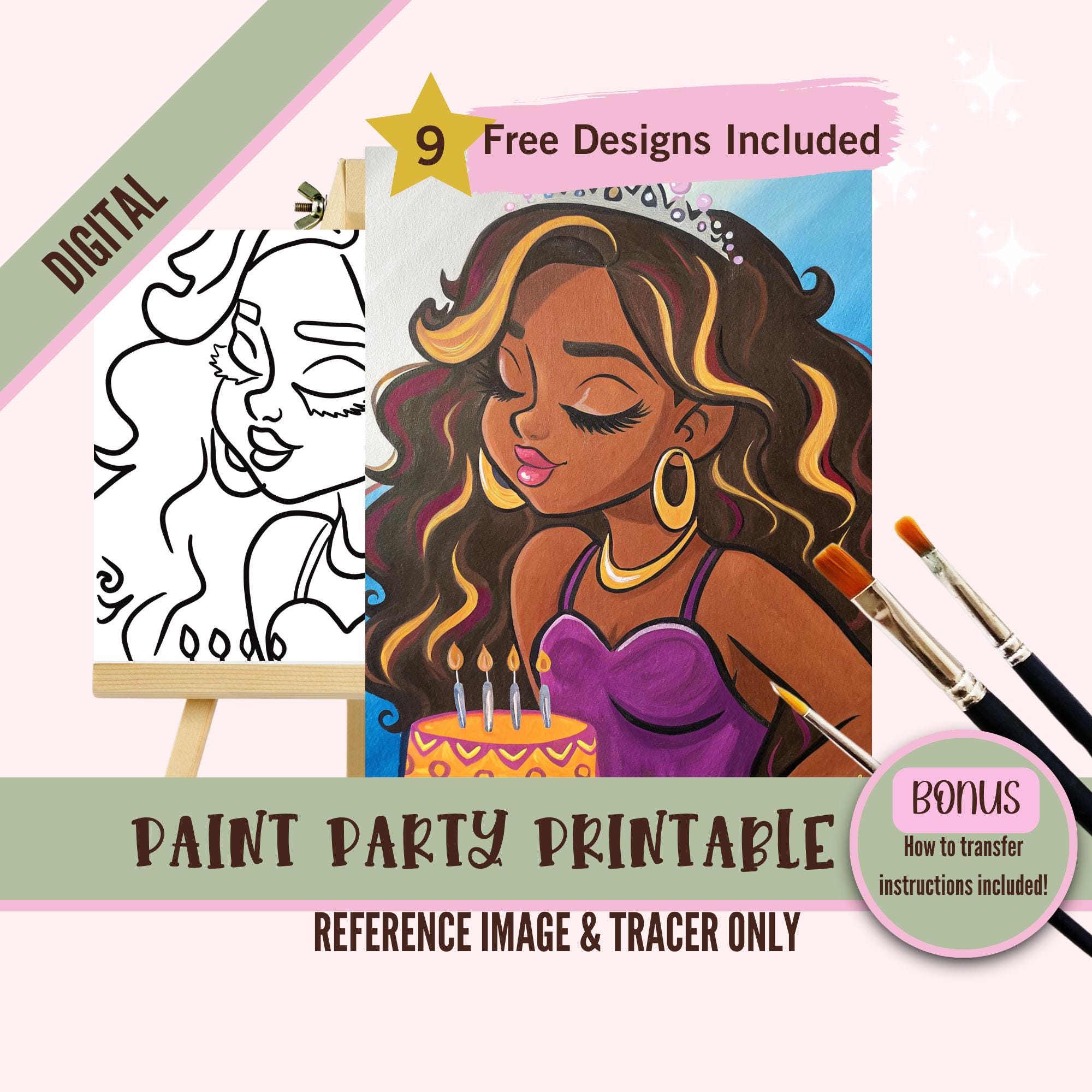 Black Girl Sip and Paint Party Kit Canvas, Birthday Pre Drawn Template ...