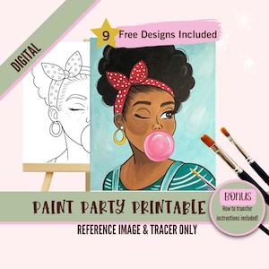 Può includere: Design di festa di pittura stampabile digitale con una donna nera con un bandana rosso, che strizza l'occhio e soffia una bolla rosa. Il design include un'immagine di riferimento e un tracciatore.