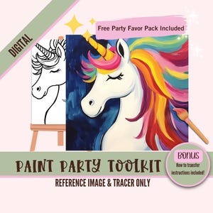 Eenhoorn verjaardag schilderij partij afdrukbaar, sublimatie PNG DIY-kunst, vooraf getekend canvas stencil, perfect voor girly verf en slokjesfeestjes