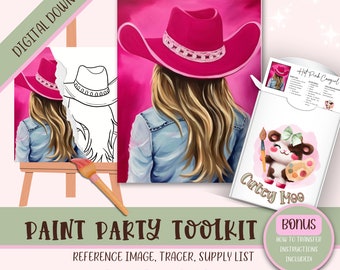 Adult Paint Party Printable, Pre Drawn Outline Canvas, Ladies Night Out Party, Western Cowgirl Birthday Hot Pink Hat & Boots, Paint Tracers