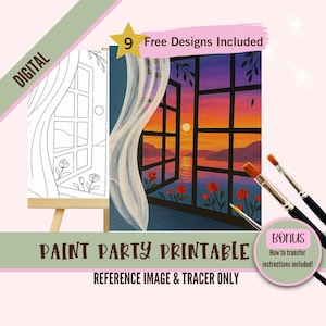 Puede incluir: Imagen de referencia y trazador imprimible para una fiesta de pintura. La imagen muestra una ventana con una vista de puesta de sol, una cortina blanca y rosas rojas. El texto "9 diseños gratuitos incluidos" y "¡Bono Instrucciones de transferencia incluidas!" también es visible.