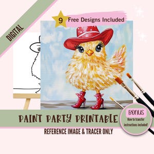 Kit de lienzo para fiesta de pintura y sorbos de Chicken Lady, plantilla prediseñada para fiestas de arte de bricolaje, plantilla imprimible, contorno PNG de Paint Night, animal de granja